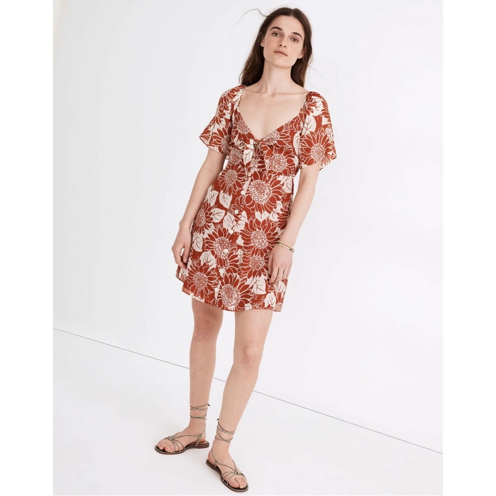 Madewell Petite Silk Tie-Front Mini Dress in Sunflower Season Red/White 6